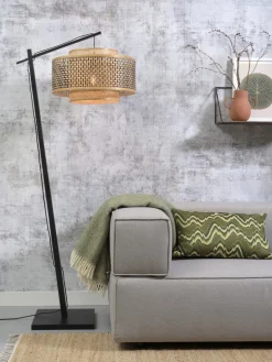 Good&Mojo Vloerlamp Bhutan S bamboe zwart – kap zwart naturel Ø50 cm