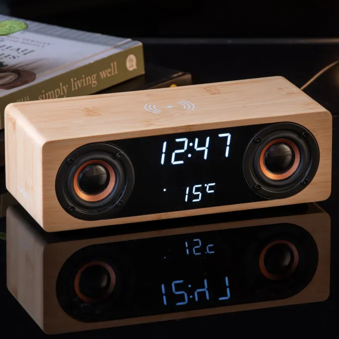 Karlsson Alarmklok Classic BT speaker met telefoonoplader bamboo