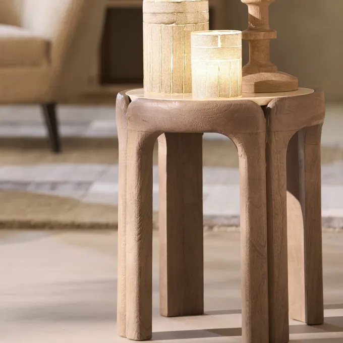 Light en Living Bijzettafel Ø45x50 cm ALI hout grijs-d bruin+travertin zand
