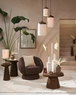 Light en Living Hanglamp 3L Ø35x32 cm DANIALO houtprint donkerbruin met touw creme