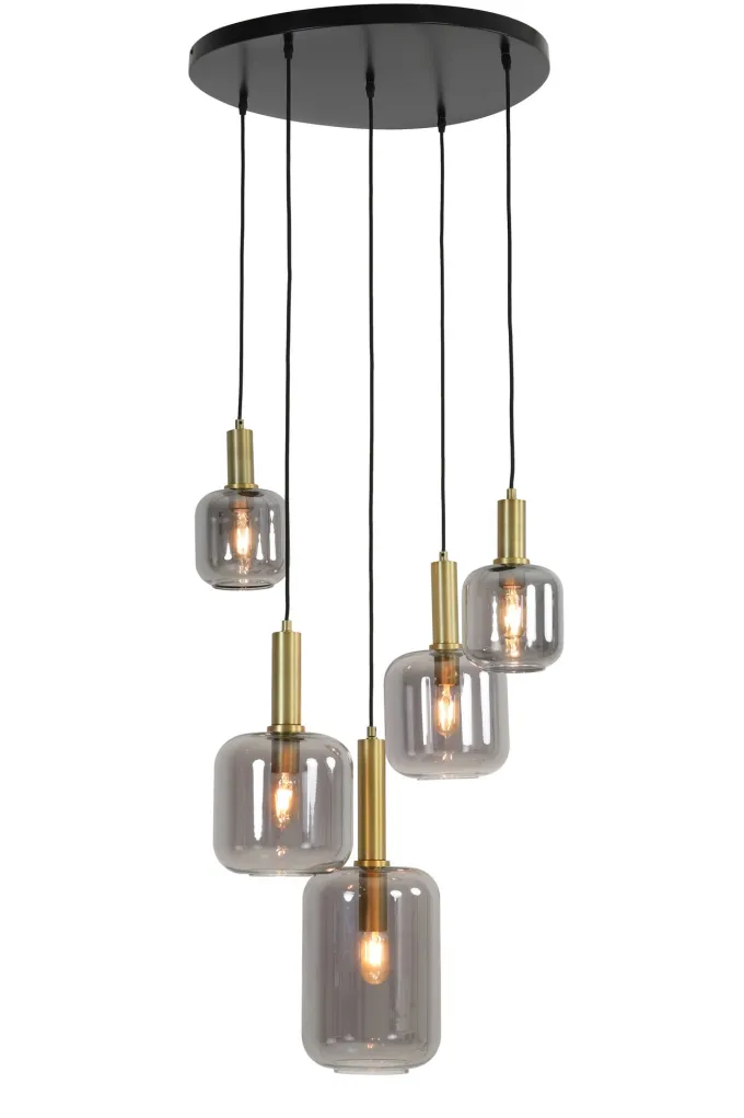 Light en Living Hanglamp 5L Ø66x80 cm LEKAR antiek brons met smoke glas