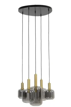 Light en Living Hanglamp 5L Ø66x80 cm LEKAR antiek brons met smoke glas