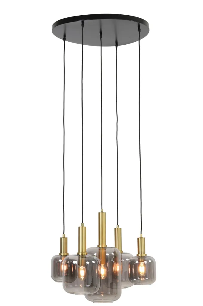 Light en Living Hanglamp 5L Ø66x80 cm LEKAR antiek brons met smoke glas