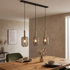 Light en Living Hanglamp 3L 100x22x32 cm LEKAR antiek brons met smoke glas
