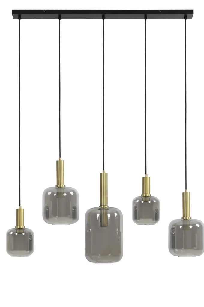 Light en Living Hanglamp 5L 110x22x32 cm LEKAR antiek brons met smoke glas
