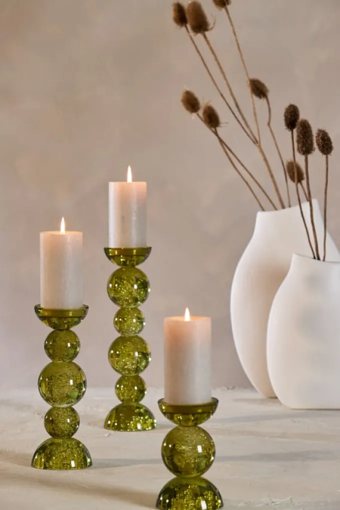Light en Living Light & Living Kaarsenhouder ITINGA - Glas met Bubbelstructuur - Olijfgroen - Ø10x26,5 cm