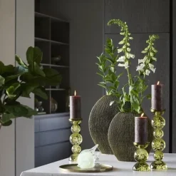 Light en Living Light & Living Kaarsenhouder ITINGA - Glas met Bubbelstructuur - Olijfgroen - Ø10x26,5 cm