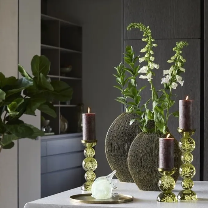 Light en Living Light & Living Kaarsenhouder ITINGA - Glas met Bubbelstructuur - Olijfgroen - Ø10x26,5 cm