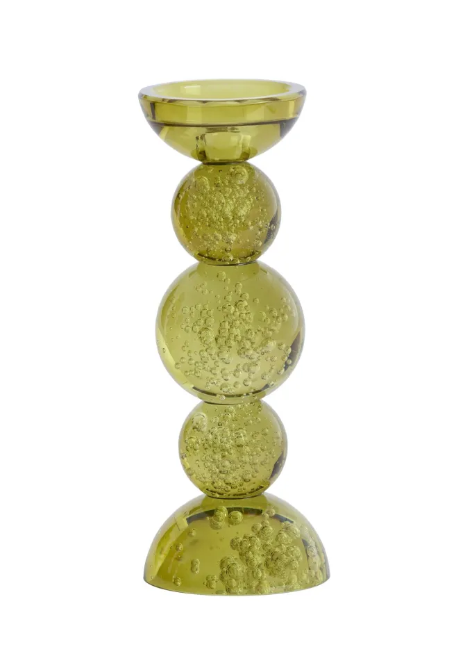 Light en Living Light & Living Kaarsenhouder ITINGA - Glas met Bubbelstructuur - Olijfgroen - Ø10x26,5 cm