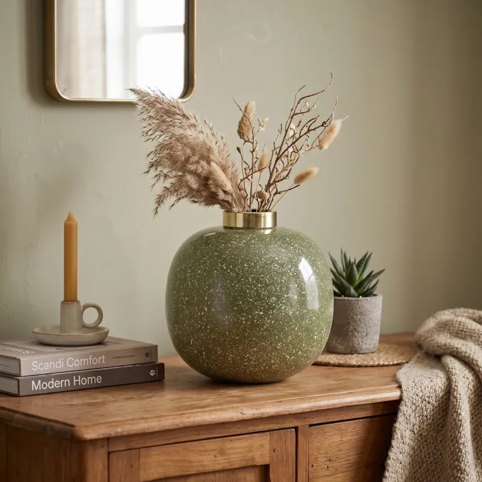 Light en Living Sfeervolle Vaas CHOW Ø26x26 cm in Groen, Wit en Goud