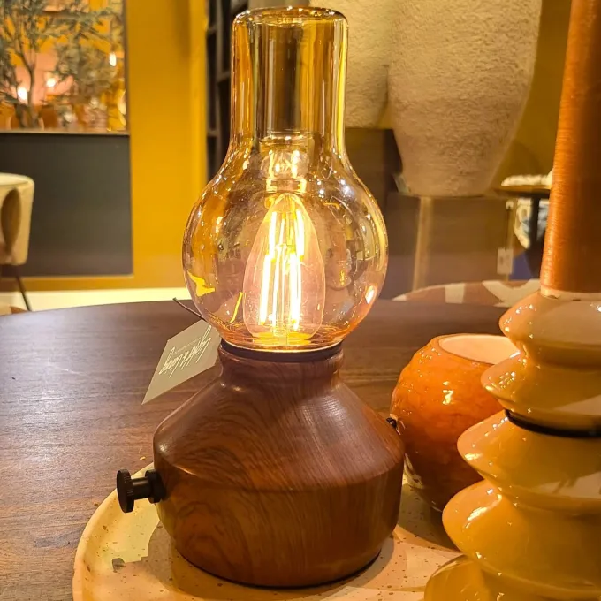 Light en Living Tafellamp LED Ø13x21,5 cm ZENY hout print d bruin+glas amber