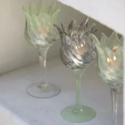 Light en Living Theelicht op voet Ø9,5x24 cm FLORA glas helder+mt mint groen