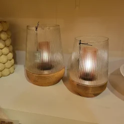 Light en Living Windlicht Ø18X26 Cm MINAS glas Rib helder+hout Natural