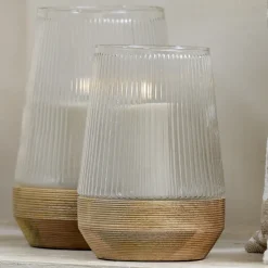 Light en Living Windlicht Ø18X26 Cm MINAS glas Rib helder+hout Natural