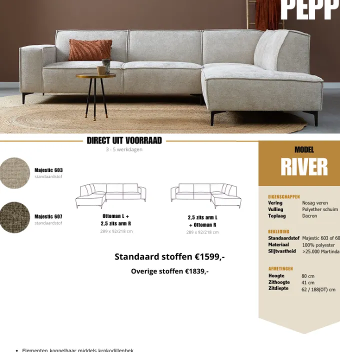 Pepp Interiors Hoekbank River - Ottoman links - Majestic 603