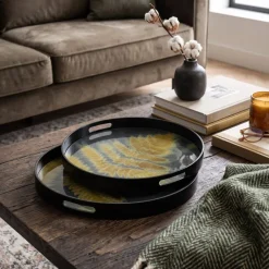 PTMD Dienblad Gila zwart glas met goud blad set van 2