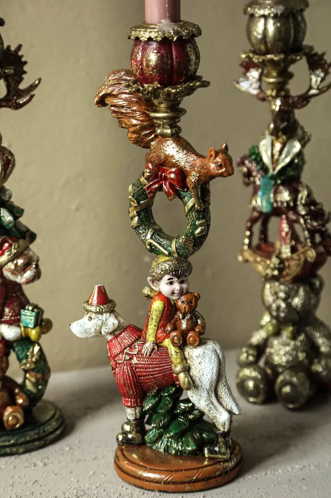 PTMD Kandelaar Kerst Rood met eekhoorn en hond