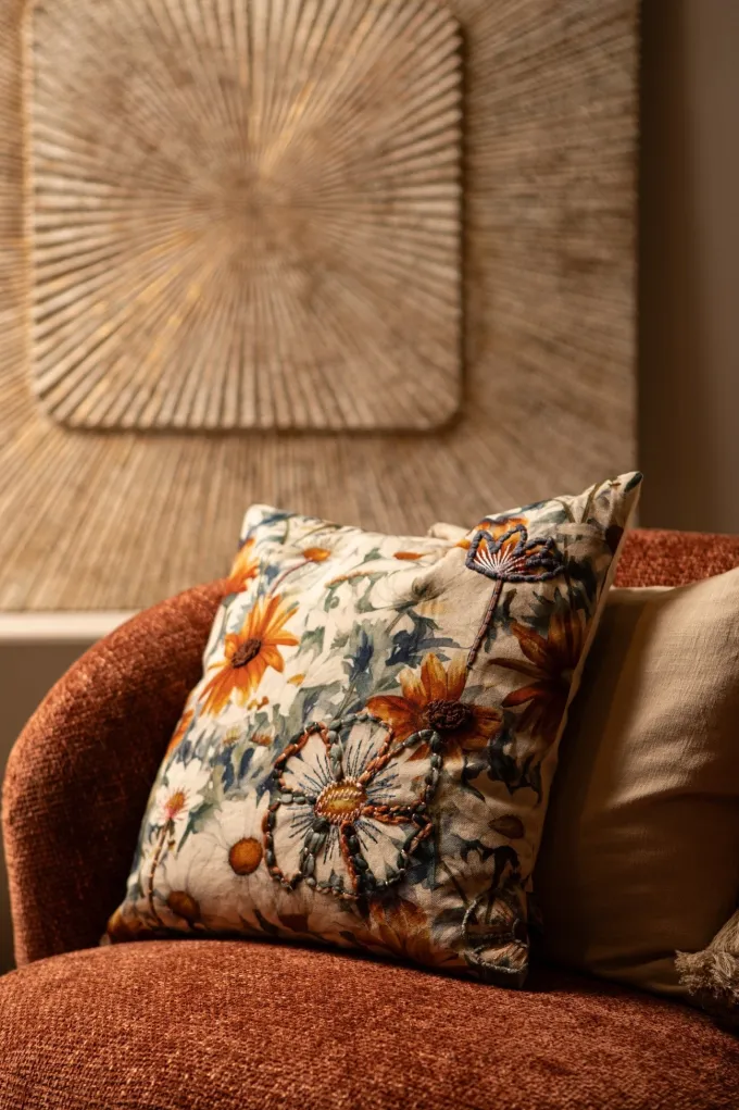 PTMD Kussen Helenor Naturel vierkant met bloemen
