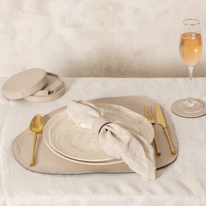 PTMD Onderzetter Delcia Beige vegan leer Set van 6