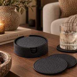 PTMD Onderzetters Rafal Zwart vegan leer coaster ron