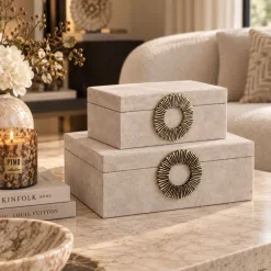 PTMD Opbergbox Hazael Beige suede set van 2