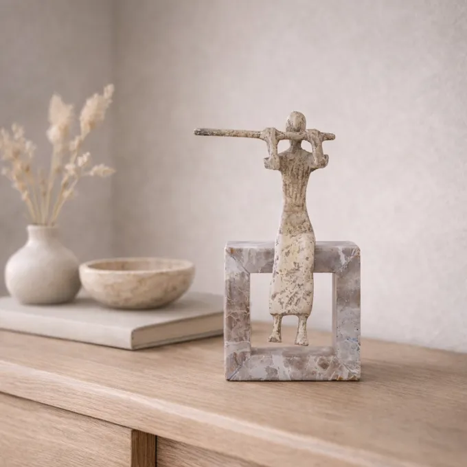 PTMD Ornament Aleria Beige dame met fluit op marmeren voetstuk