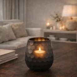 PTMD Theelicht Eboney Bruin rond glas cirkel patroon