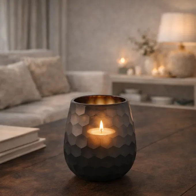 PTMD Theelicht Eboney Bruin rond glas cirkel patroon