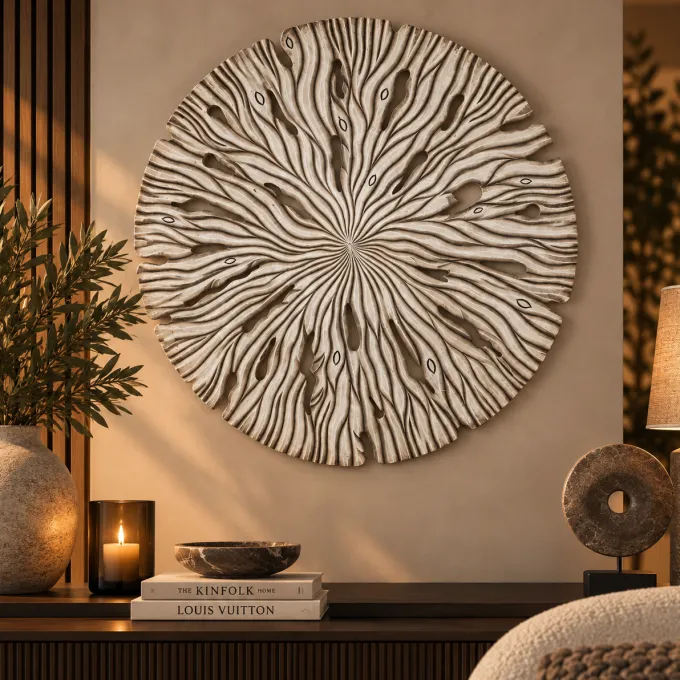 PTMD Wandornament Bonte Creme MDF Wavy rond L - Ø 120 cm