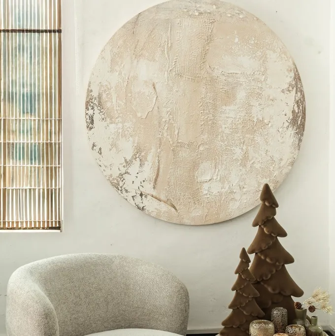 PTMD Wandpaneel Moti Creme canvas structuur rond L