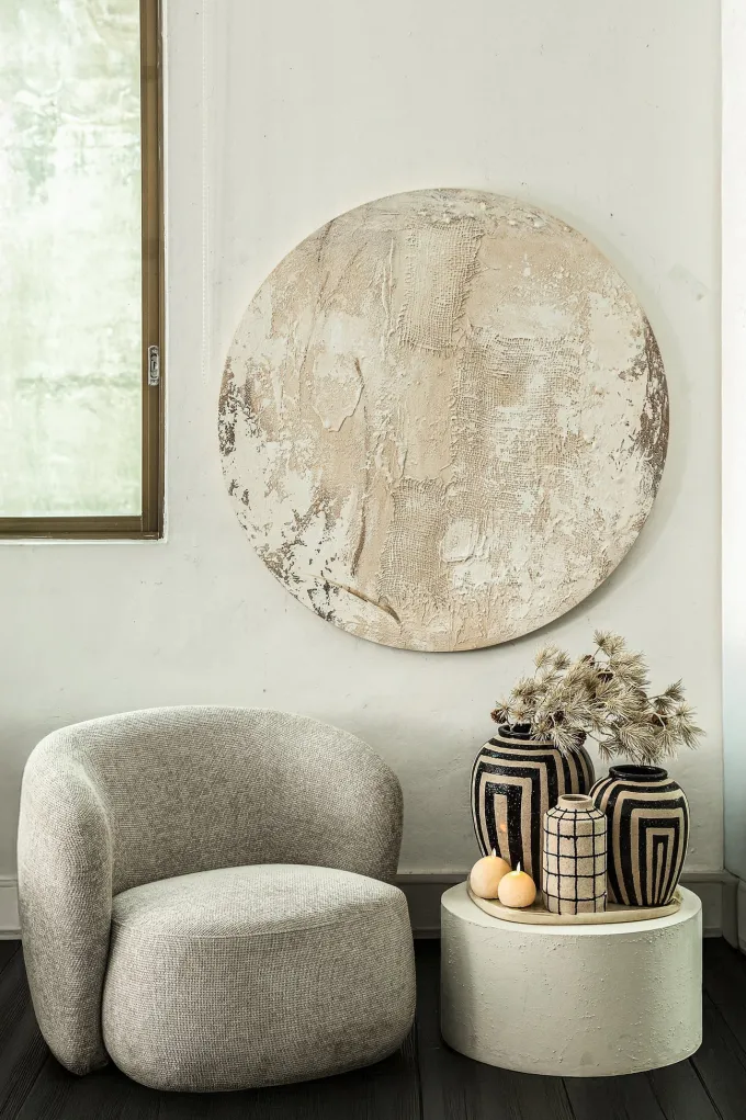 PTMD Wandpaneel Moti Creme canvas structuur rond L