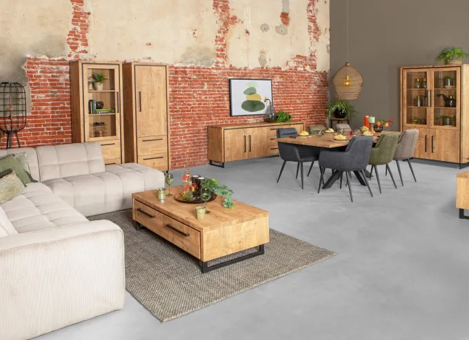 WoonMax Rimini Vitrinekast 1 deur glas - 2 lades Lamulux mango