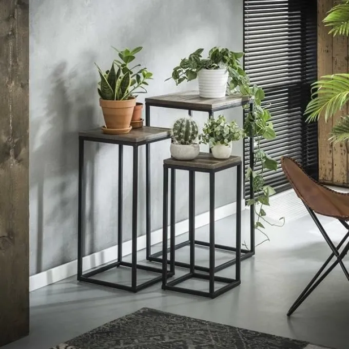 WoonStijl Bloemenzuil Teca set van 3 vierkant buisframe - Teakhout greywash