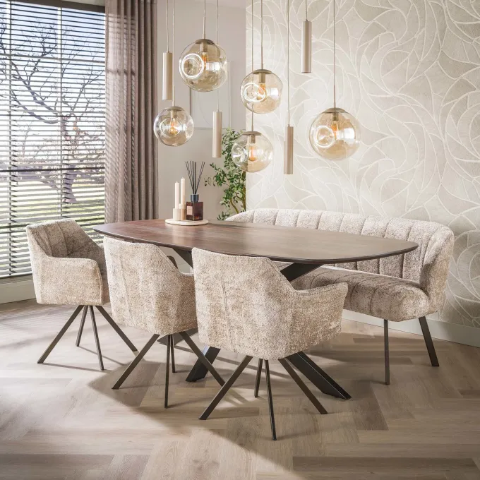 WoonStijl Eetkamerbank Oval Allura zand - Frame bruin