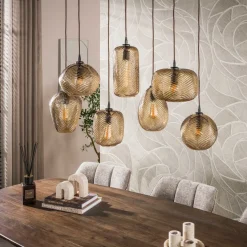 WoonStijl Hanglamp Chevron 4+3-lichts Smoke bruin glas