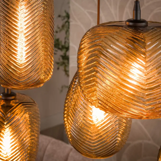 WoonStijl Hanglamp Chevron 4+3-lichts Smoke bruin glas