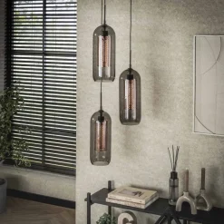 WoonStijl Hanglamp 3L getrapt smoke glas-geperforeerd staal