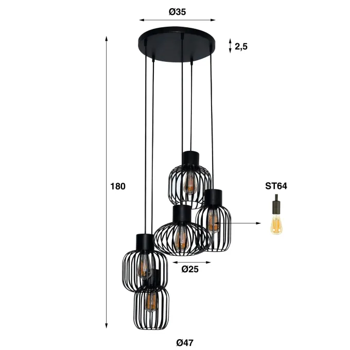 WoonStijl Hanglamp 5L getrapt mix metal