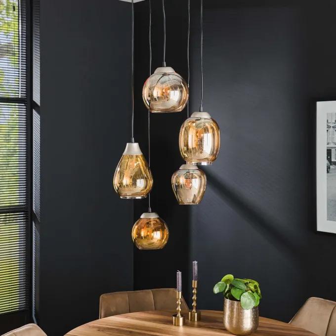 WoonStijl Hanglamp 5L getrapt mix amberkleurig glas