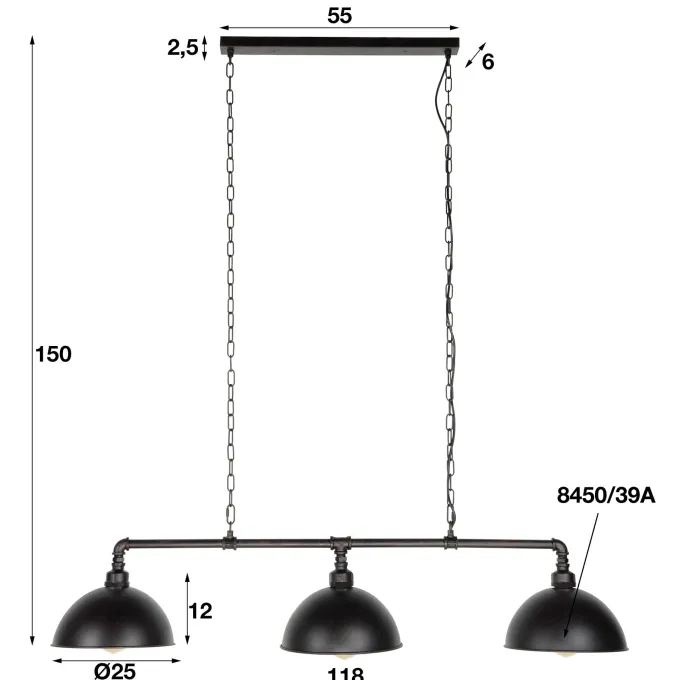WoonStijl Hanglamp 3L Halfronde Kap-Industrial Tube
