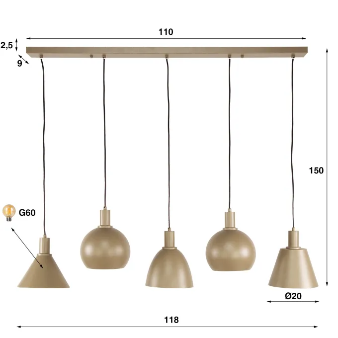 WoonStijl Hanglamp 5L Metallo mix Beige