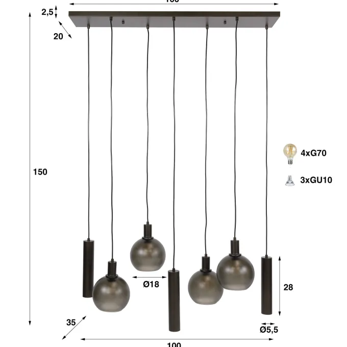 WoonStijl Hanglamp 4+3L Sfera tricolore Sienna bruin frosted