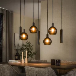 WoonStijl Hanglamp 4+3L Sfera tricolore Sienna bruin frosted