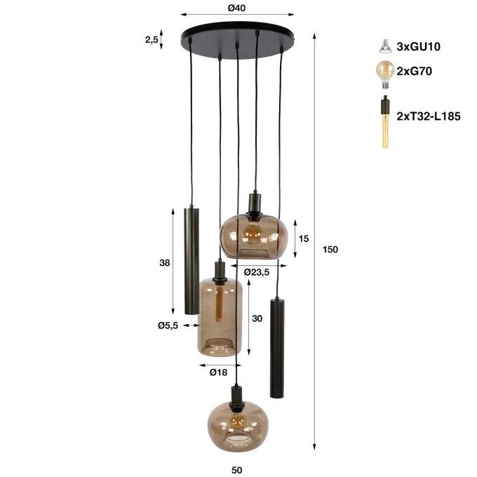 WoonStijl Hanglamp Serene getrapt 5-lichts Sienna bruin