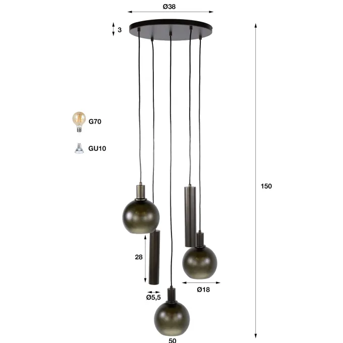 WoonStijl Hanglamp Sfera Tricolore getrapt 5-lichts Sienna bruin