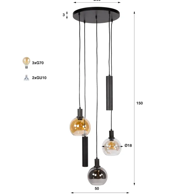 WoonStijl Hanglamp Sfera Tricolore getrapt 5-lichts Artic zwart