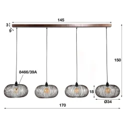 WoonStijl Hanglamp 4x Ø35 disk wire copper twist / Zwart nikkel