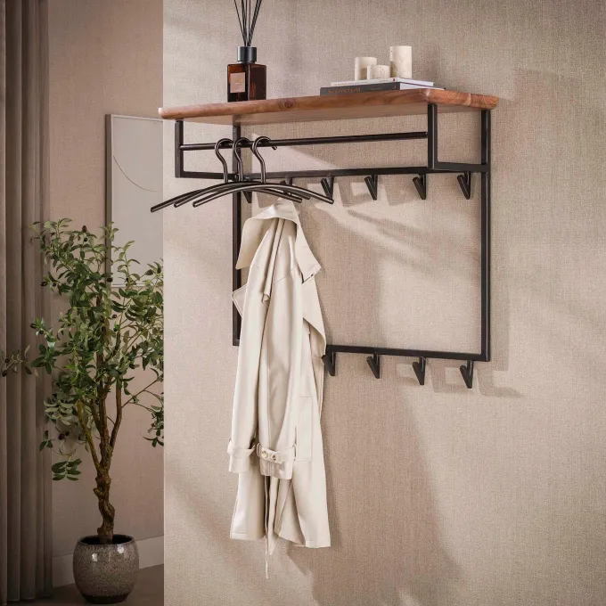 WoonStijl Kapstok Edge Curve hoog 12 haken acacia bruin