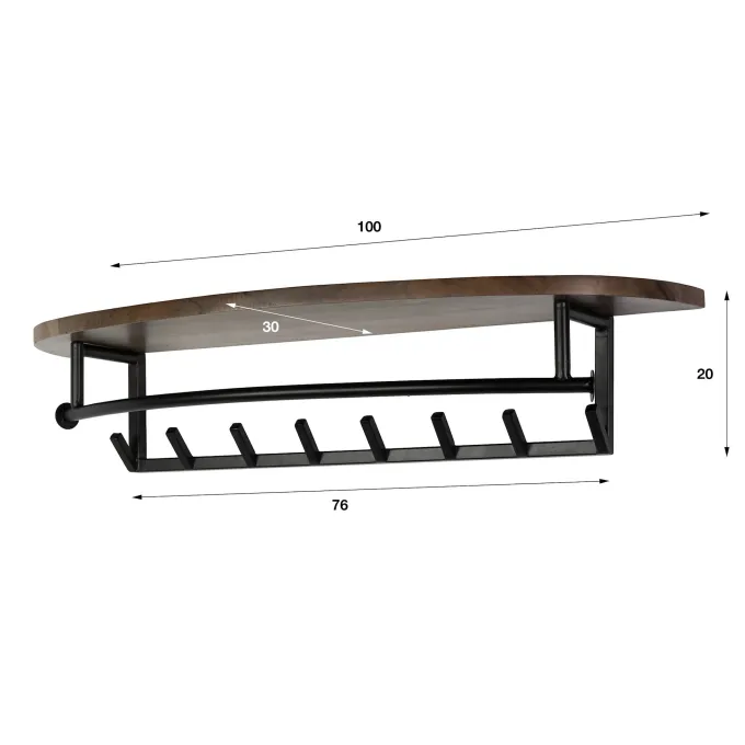 WoonStijl Kapstok Round roede en hoedenplank 8 haken acacia bruin