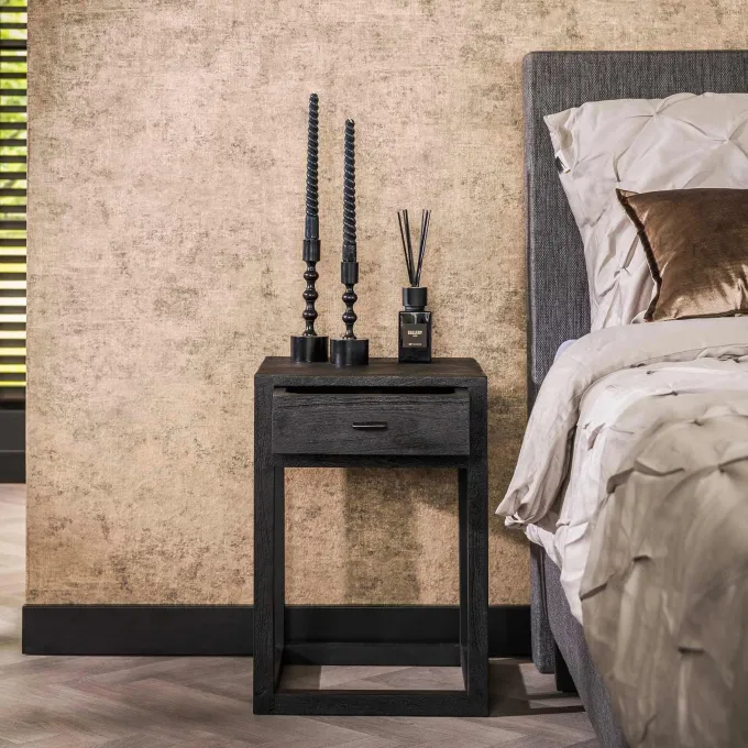 WoonStijl Nachtkastje Square zwart acacia met 1 lade